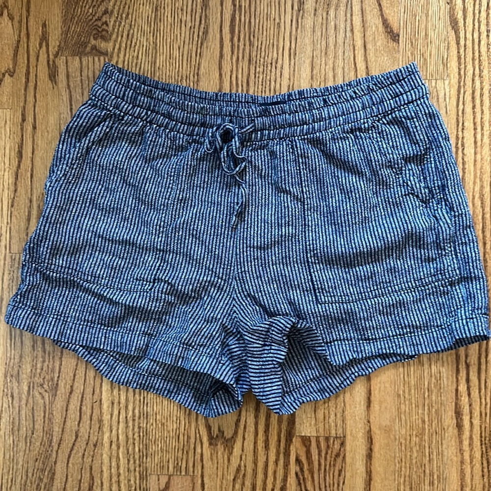 Navy and White Striped Linen Blend Drawstring Shorts